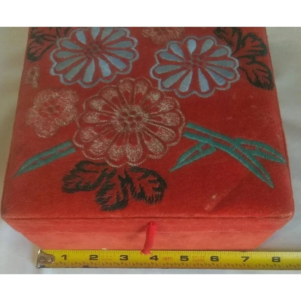 Jewelry Keepsake Box Case Vtg Red‎ Velvet Embroidered 7.5 India Boho Rustic READ